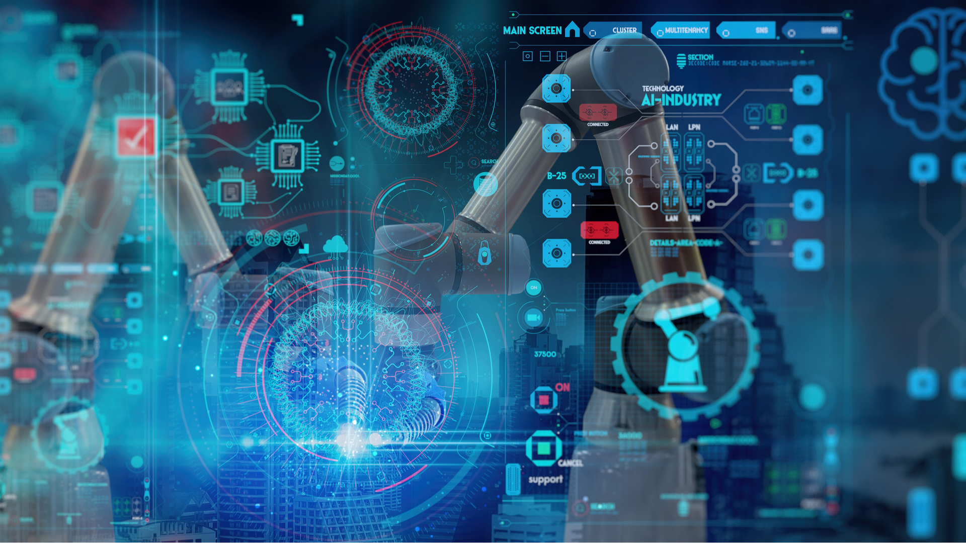 AI robot arm and math overlay in manufacturing