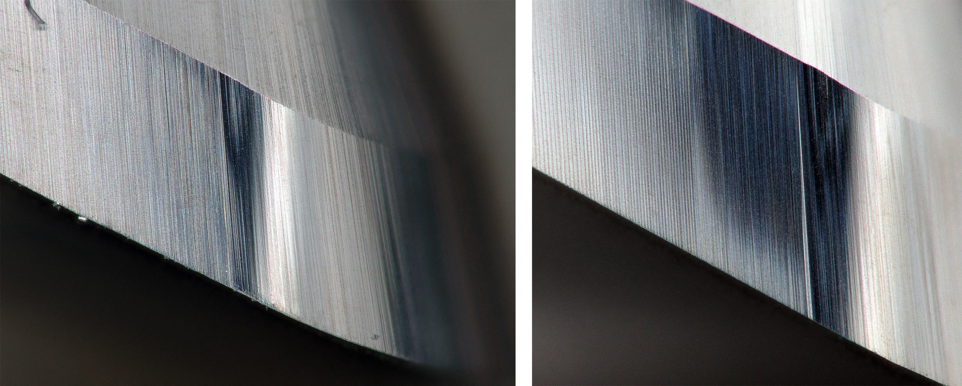 Photomicrograph at 200x magnification showing (left) tool with clean surface quality, and (right) grinding-in caused by sub-optimal drive settings.