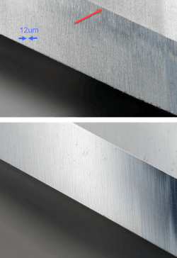 Photomicrograph at 200x magnification contrasting the effect on tool surface quality of (top) an incorrectly dressed grinding wheel and (bottom) of a correctly dressed wheel. Photomicrograph at 200x magnification contrasting the effect on tool surface quality of (top) an incorrectly dressed grinding wheel and (bottom) of a correctly dressed wheel.