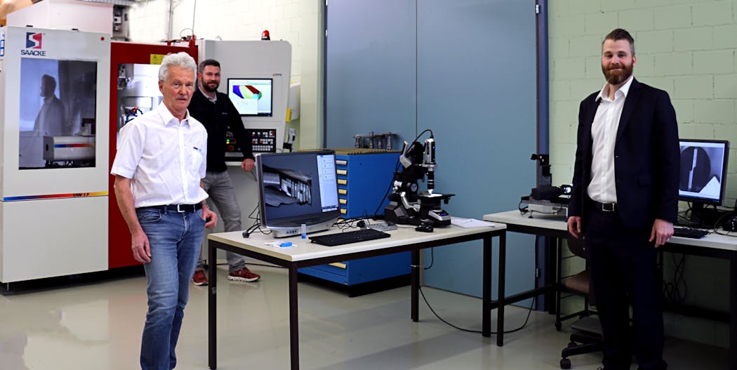 NUM has equipped its NUMROTO Technology Centre with a Keyence high-resolution digital microscope to aid analysis of tool surface quality. Photo shows (L to R) J&ouml;rg Federer, Application Manager of the NUMROTO Technology Centre; Michael Knorr, NUMROTO Application Engineer; and Mr. Schneider of Keyence Switzerland.