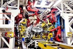 Nicknamed Butterfly due to its agility and its use of suspended robots, ComauFlex allows Alfa Romeo to change or modify a specific vehicle model by adjusting the robot tooling, not the arrangement of the robots themselves. Nicknamed Butterfly due to its agility and its use of suspended robots, ComauFlex allows Alfa Romeo to change or modify a specific vehicle model by adjusting the robot tooling, not the arrangement of the robots themselves.