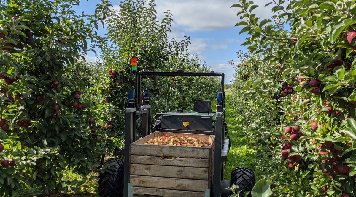 The &ldquo;AurOrA&rdquo; harvest assistant will navigate through the rows of trees in an apple orchard and detect and pick up fruit boxes and transport them to a defined unloading point autonomously in the future.
