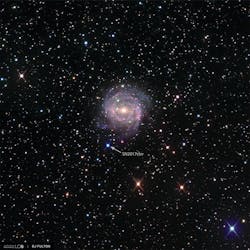 Supernova 2017cbv in its host galaxy NGC 5643 as observed by Las Cumbres Observatory. This supernova was particularly interesting because it was brighter and bluer than was expected early on, possibly because the explosion crashed into its binary companion star. Supernova 2017cbv in its host galaxy NGC 5643 as observed by Las Cumbres Observatory. This supernova was particularly interesting because it was brighter and bluer than was expected early on, possibly because the explosion crashed into its binary companion star.