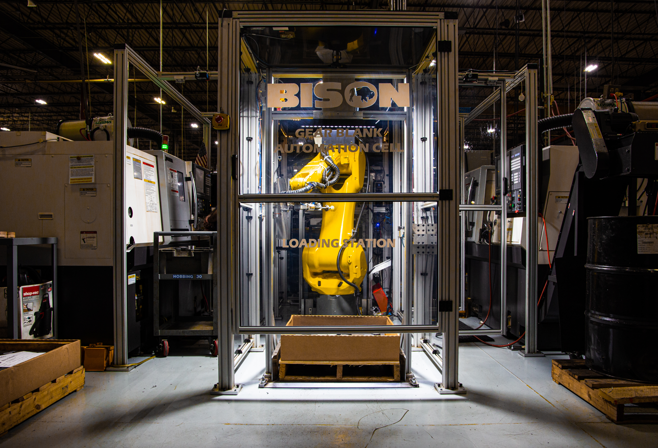 Fanuc robot performing gear blank finishing operation at Bison's facility.