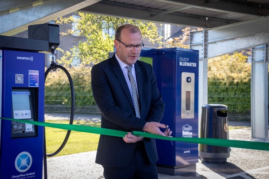 Dundee City Councillor Mark Flynn, Convener of City Development opens the new charging hub at Clepington Road, central Dundee.