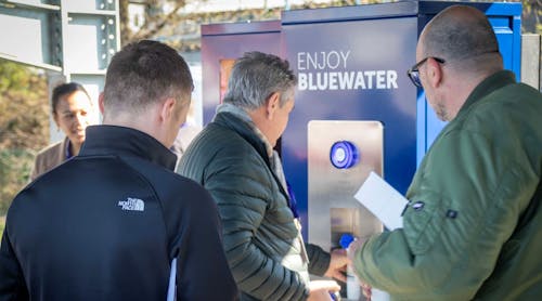 Rush to fill sustainable water bottles with Bluewater at 21st century EV recharging hub where single-use plastic bottles of water are made a thing of the past.