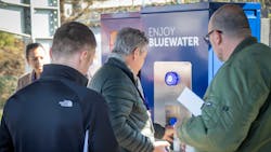 Rush to fill sustainable water bottles with Bluewater at 21st century EV recharging hub where single-use plastic bottles of water are made a thing of the past. Rush to fill sustainable water bottles with Bluewater at 21st century EV recharging hub where single-use plastic bottles of water are made a thing of the past.