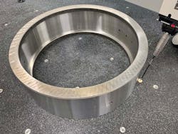 Bearing outer race inspection in progress by touch probing and scanning in a single 10-minute cycle. Bearing outer race inspection in progress by touch probing and scanning in a single 10-minute cycle.