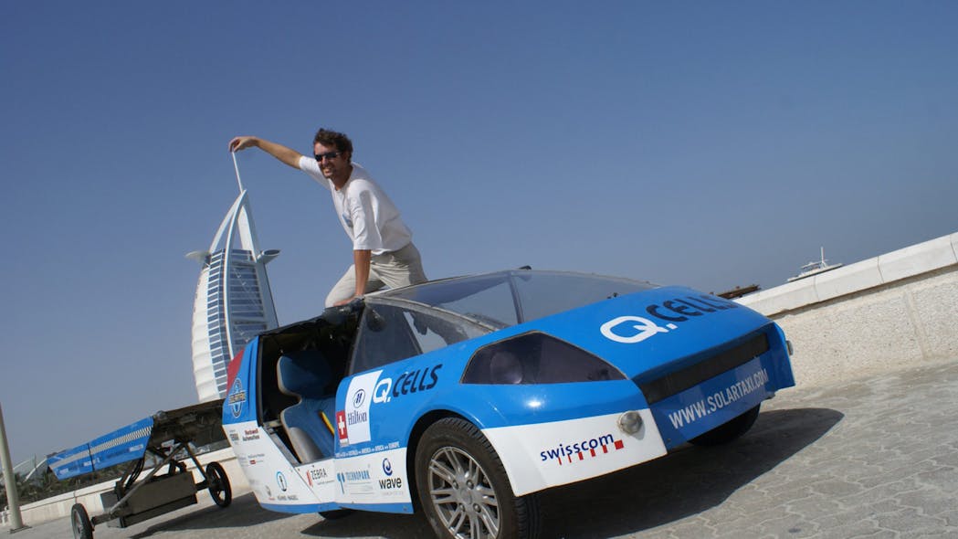 Louis Palmer in his Solar Taxi.