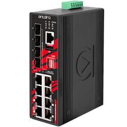 The Antaira LMP-1204G-SFP-bt-24 is a 12-port industrial Gigabit PoE++ managed Ethernet switch embedded with four Ethernet ports that support IEEE 802.3bt for a maximum of 90 W/port, four 10/100/1000Tx Ethernet ports with IEEE 802.3af/at support for a maximum of 30 W/Port, and four SFP slots for fiber connection. The Antaira LMP-1204G-SFP-bt-24 is a 12-port industrial Gigabit PoE++ managed Ethernet switch embedded with four Ethernet ports that support IEEE 802.3bt for a maximum of 90 W/port, four 10/100/1000Tx Ethernet ports with IEEE 802.3af/at support for a maximum of 30 W/Port, and four SFP slots for fiber connection.