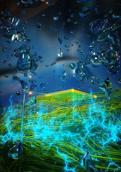 Graphic image of a thin film of protein nanowires generating electricity from atmospheric humidity. Graphic image of a thin film of protein nanowires generating electricity from atmospheric humidity.