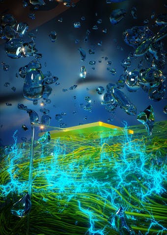 Graphic image of a thin film of protein nanowires generating electricity from atmospheric humidity.