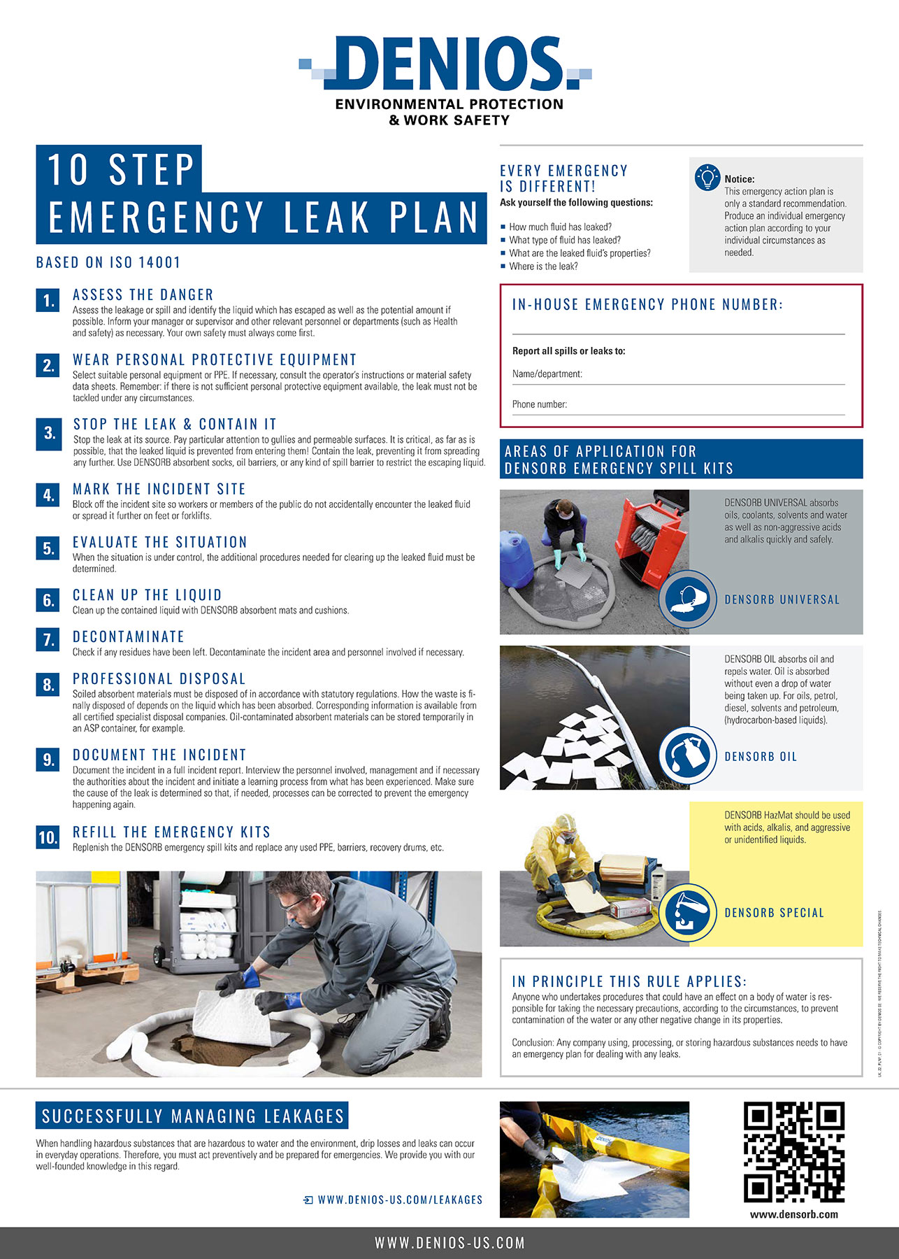 DENIOS 10-step emergency leak plan poster