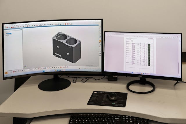 The aircraft fuel pump solid model on the screen in PolyWorks Inspector (left) and a report generated automatically by the software after CMM inspection.