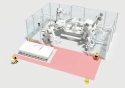 Safety laser scanners monitor the entire area of the transfer station for the robot cell and AGV. Their protective fields detect the entry and presence of persons. The contour of the AGV is dynamically masked out of the protective fields as it passes through the area. This means that the station is perfectly safe at all times. Safety laser scanners monitor the entire area of the transfer station for the robot cell and AGV. Their protective fields detect the entry and presence of persons. The contour of the AGV is dynamically masked out of the protective fields as it passes through the area. This means that the station is perfectly safe at all times.