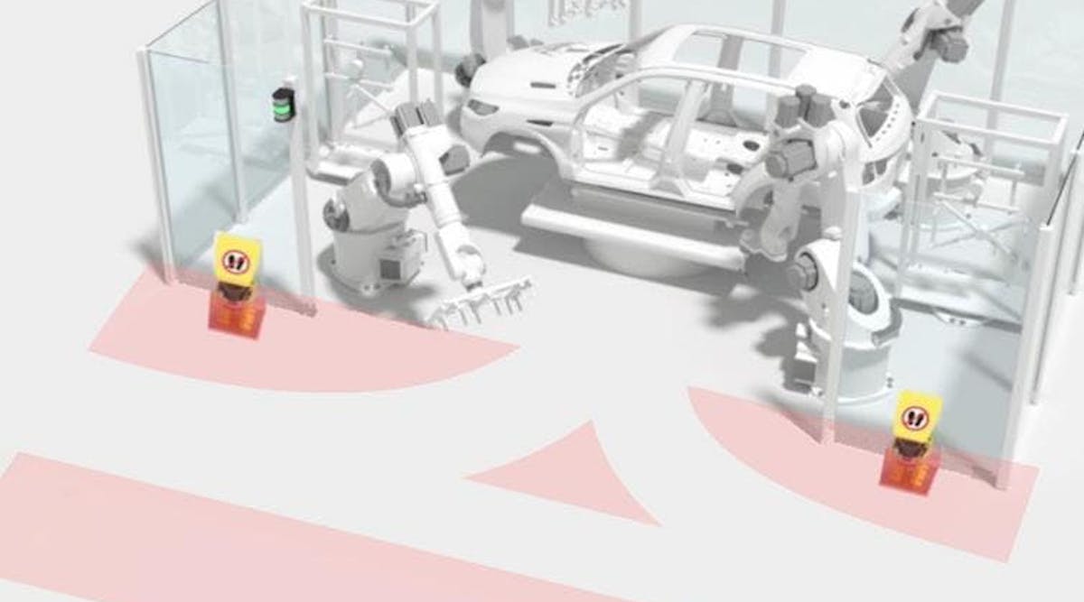 Radial AGV entries are also possible. In this case, the two RSL 400 safety laser scanners are installed linearly to the left and right of the robot cell.