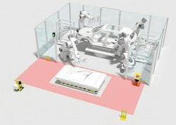The safety program dynamically adjusts the protective field around the moving AGV. This allows it to automatically move into the station, transfer the material at the parking position, and then exit the station again. The safety program dynamically adjusts the protective field around the moving AGV. This allows it to automatically move into the station, transfer the material at the parking position, and then exit the station again.