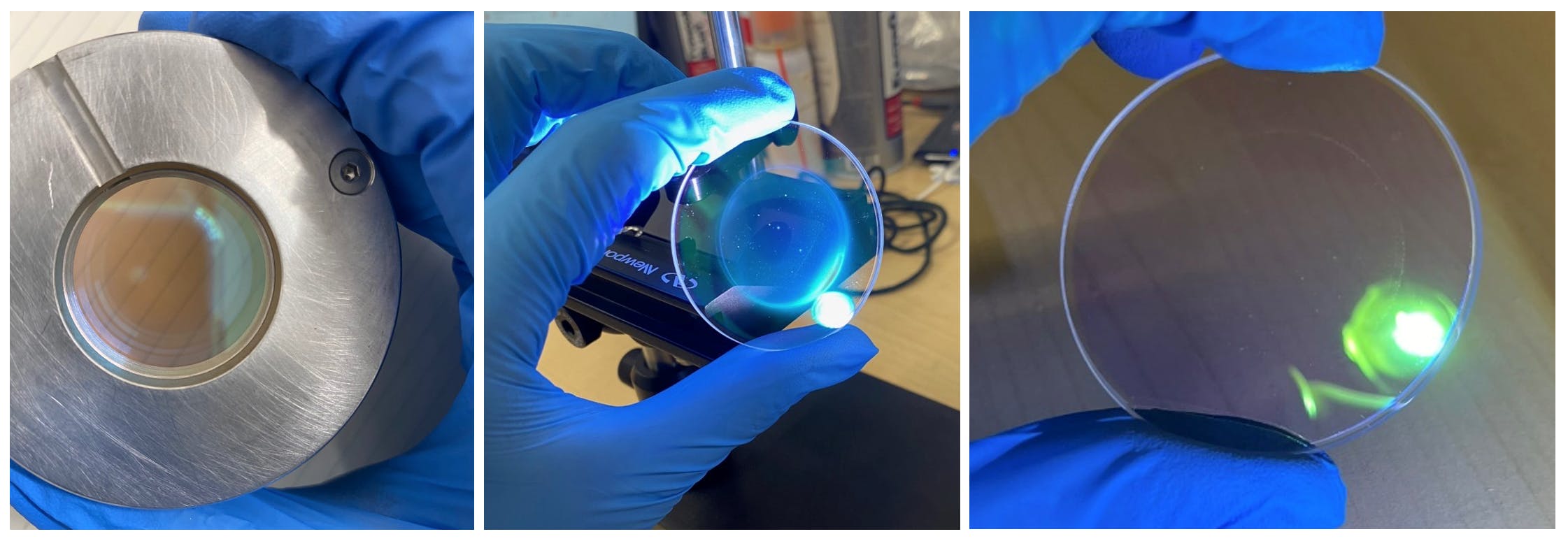 The image on the left shows clean glass within its chamber holder assembly before any welding has occurred. The center image shows the kind of deposits that typically occur with Laser in Vacuum welding systems that do not include optical protection. The image on the right shows a window after 2 hours of welding using CVE&rsquo;s unique optics protection system.