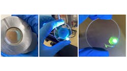 The image on the left shows clean glass within its chamber holder assembly before any welding has occurred. The center image shows the kind of deposits that typically occur with Laser in Vacuum welding systems that do not include optical protection. The image on the right shows a window after 2 hours of welding using CVE’s unique optics protection system. The image on the left shows clean glass within its chamber holder assembly before any welding has occurred. The center image shows the kind of deposits that typically occur with Laser in Vacuum welding systems that do not include optical protection. The image on the right shows a window after 2 hours of welding using CVE’s unique optics protection system.