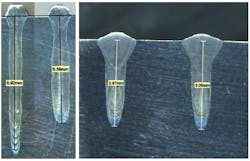 The left image shows how weld quality and depth degrade over time with traditional Laser in Vacuum solutions where chamber deposits and optical contamination occur. The image on the right shows that there is no difference in weld quality when using CVE&rsquo;s optical protection system. The weld on the left was made when the chamber glass was brand new; while the weld on the right was made when the optical glass had been in use for 3 hours.