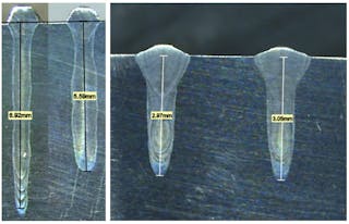 The left image shows how weld quality and depth degrade over time with traditional Laser in Vacuum solutions where chamber deposits and optical contamination occur. The image on the right shows that there is no difference in weld quality when using CVE&rsquo;s optical protection system. The weld on the left was made when the chamber glass was brand new; while the weld on the right was made when the optical glass had been in use for 3 hours.
