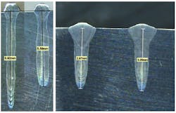 The left image shows how weld quality and depth degrade over time with traditional Laser in Vacuum solutions where chamber deposits and optical contamination occur. The image on the right shows that there is no difference in weld quality when using CVE’s optical protection system. The weld on the left was made when the chamber glass was brand new; while the weld on the right was made when the optical glass had been in use for 3 hours. The left image shows how weld quality and depth degrade over time with traditional Laser in Vacuum solutions where chamber deposits and optical contamination occur. The image on the right shows that there is no difference in weld quality when using CVE’s optical protection system. The weld on the left was made when the chamber glass was brand new; while the weld on the right was made when the optical glass had been in use for 3 hours.