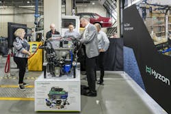 Hyzon CTO Dr. Christian Mohrdieck shows the Hyzon 200kW fuel cell system to Janelle Arena (Kangan Institute), Finn Buchhorn (Hyzon), Chris Eager (DGE Energy Solutions), and Gavin Cribb (Kangan Institute). Hyzon CTO Dr. Christian Mohrdieck shows the Hyzon 200kW fuel cell system to Janelle Arena (Kangan Institute), Finn Buchhorn (Hyzon), Chris Eager (DGE Energy Solutions), and Gavin Cribb (Kangan Institute).