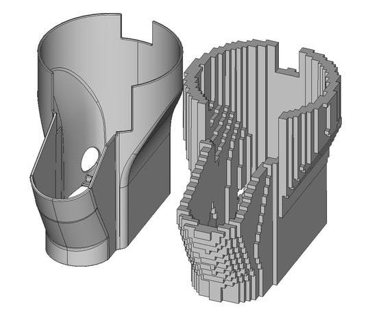 Exact CAD model (left) and the voxelized approach (right), which ensures fast and efficient nesting.