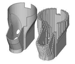 Exact CAD model (left) and the voxelized approach (right), which ensures fast and efficient nesting.
