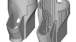 Exact CAD model (left) and the voxelized approach (right), which ensures fast and efficient nesting.
