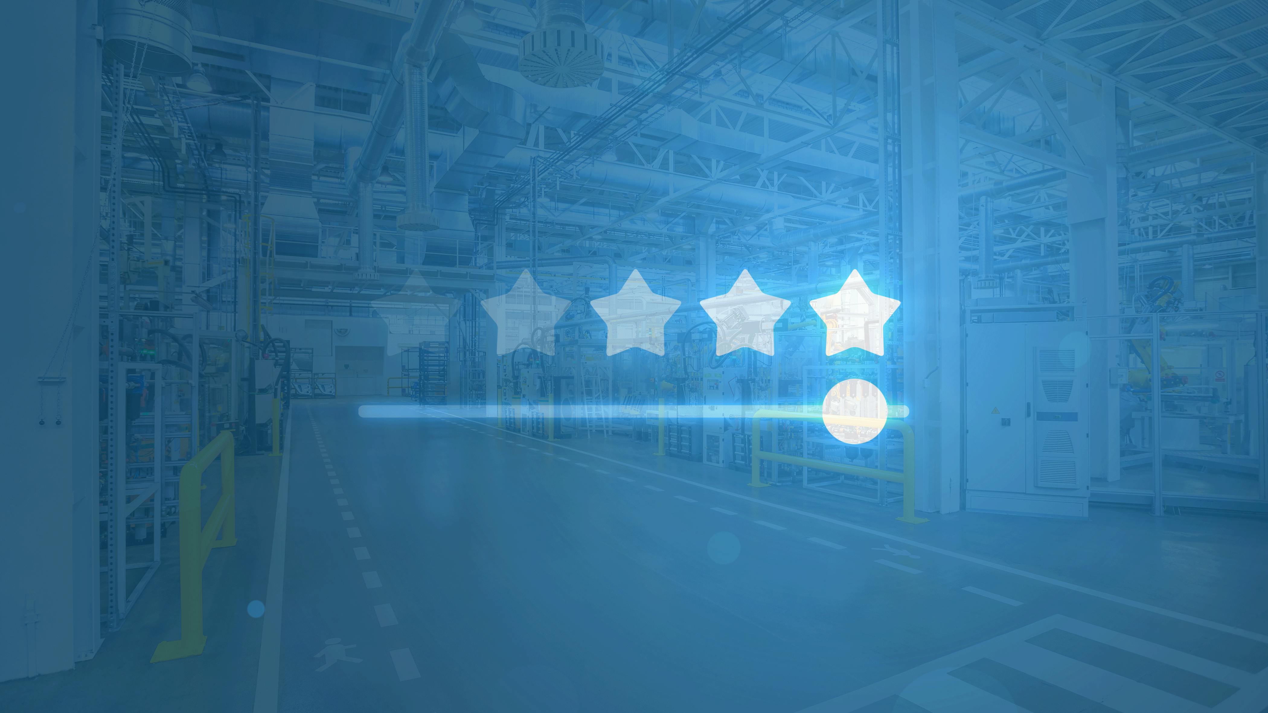 A manufacturing shop floor with a transparent blue overlay with a 5 star rating