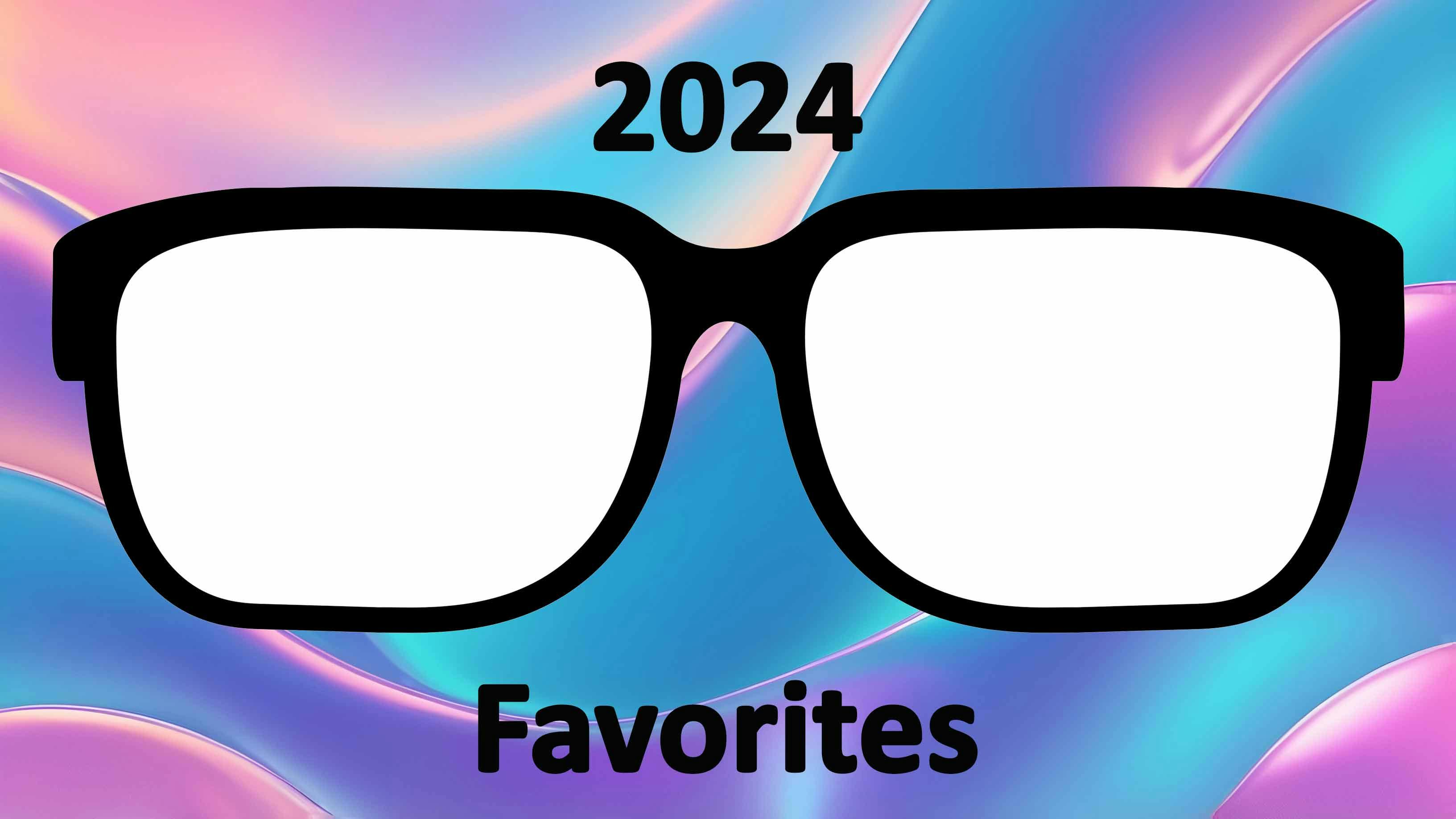 A colorful and wavy blue, pink, purple background with a pair of rectangular black eyeglasses with white lenses with text saying 2024 favorites
