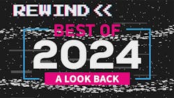 A static TV screen with 80s-inspired 'rewind' text in blue, pink, and white at the top with a text in the same colors below that says 'best of 2024' A static TV screen with 80s-inspired 'rewind' text in blue, pink, and white at the top with a text in the same colors below that says 'best of 2024'