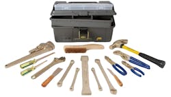 A line-up of Denios' new line of non-sparking tools laid out on a white background in a semi-circle against a toolbox A line-up of Denios' new line of non-sparking tools laid out on a white background in a semi-circle against a toolbox