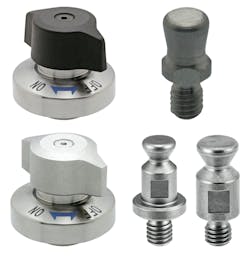 Fixtureworks QCPC, QCPCS, PCPC-M, and, QCPCS-M quarter turn pin-holding clamps on a white background. Fixtureworks QCPC, QCPCS, PCPC-M, and, QCPCS-M quarter turn pin-holding clamps on a white background.