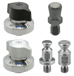 Fixtureworks QCPC, QCPCS, PCPC-M, and, QCPCS-M quarter turn pin-holding clamps on a white background.