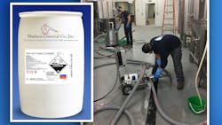 Madison Chemical RAF NO FOAM Cleaner in a bucket collaged next to a worker using it on the floor of a plant against a blue background. Madison Chemical RAF NO FOAM Cleaner in a bucket collaged next to a worker using it on the floor of a plant against a blue background.