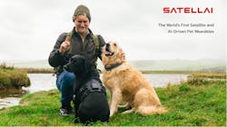 SATELLAI unveils satellite and AI-driven tracker and collar modeled on a black lab and a golden retriever in the outdoors with their owner. SATELLAI unveils satellite and AI-driven tracker and collar modeled on a black lab and a golden retriever in the outdoors with their owner.