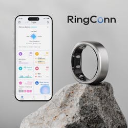RingConn Gen 2 silver Smart Ring propped on a rock with the RingConn app open next to it against a taupe background. RingConn Gen 2 silver Smart Ring propped on a rock with the RingConn app open next to it against a taupe background.