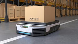 Autonomous mobile robot (AMR) transporting a box in a warehouse. Autonomous mobile robot (AMR) transporting a box in a warehouse.