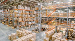 Large industrial warehouse with racks completely filled with boxes and containers. Large industrial warehouse with racks completely filled with boxes and containers.