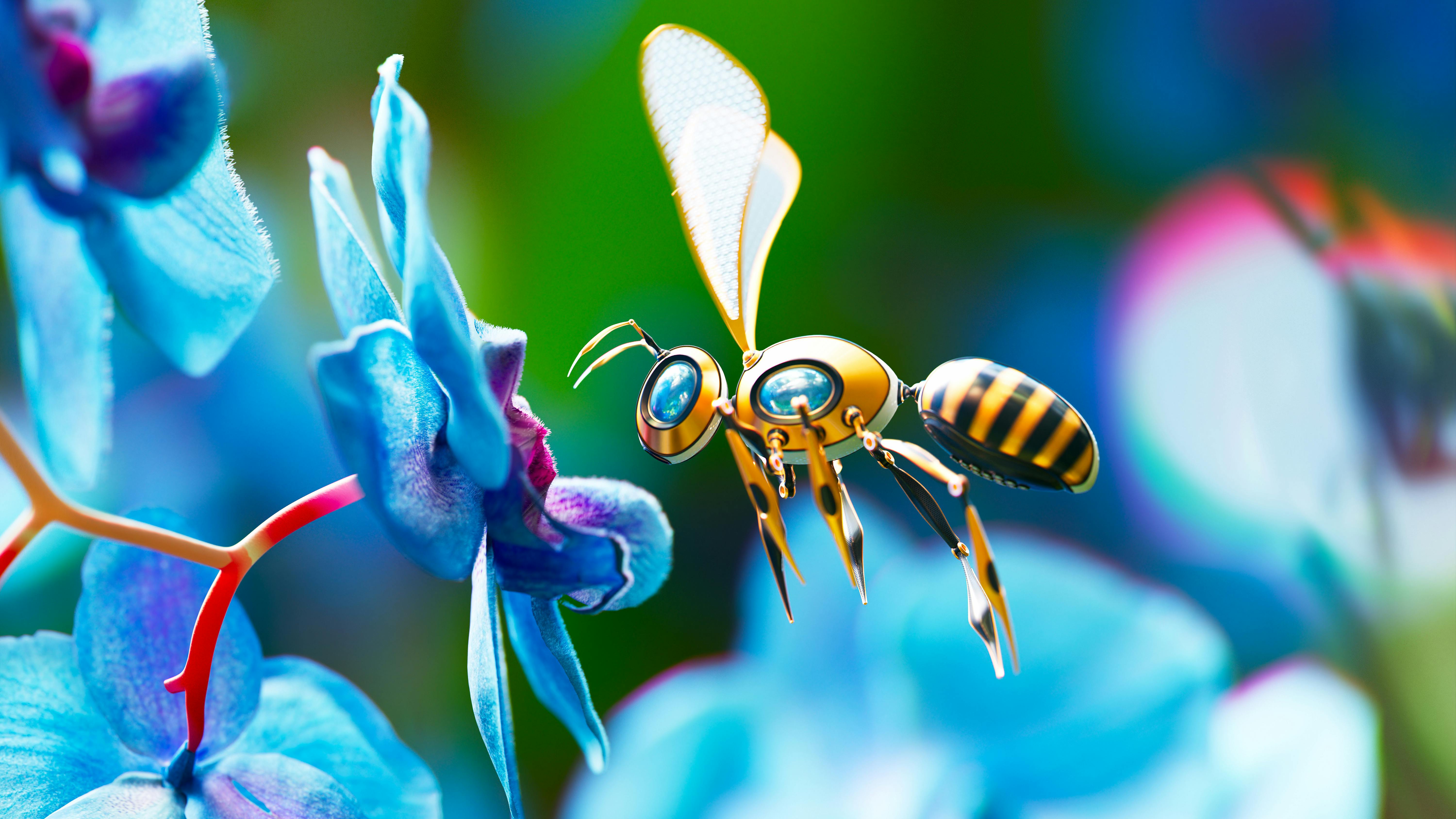 A 3D-rendering of an automated robot bee pollinating a blue orchid.