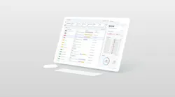 An image of a laptop with Cyberhaven's UI on the screen in operation against a grey background.