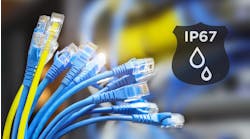 Blue and yellow RJ45 cables in a bundle against an abstract background with a black, flat IP67 rating sticker. Blue and yellow RJ45 cables in a bundle against an abstract background with a black, flat IP67 rating sticker.