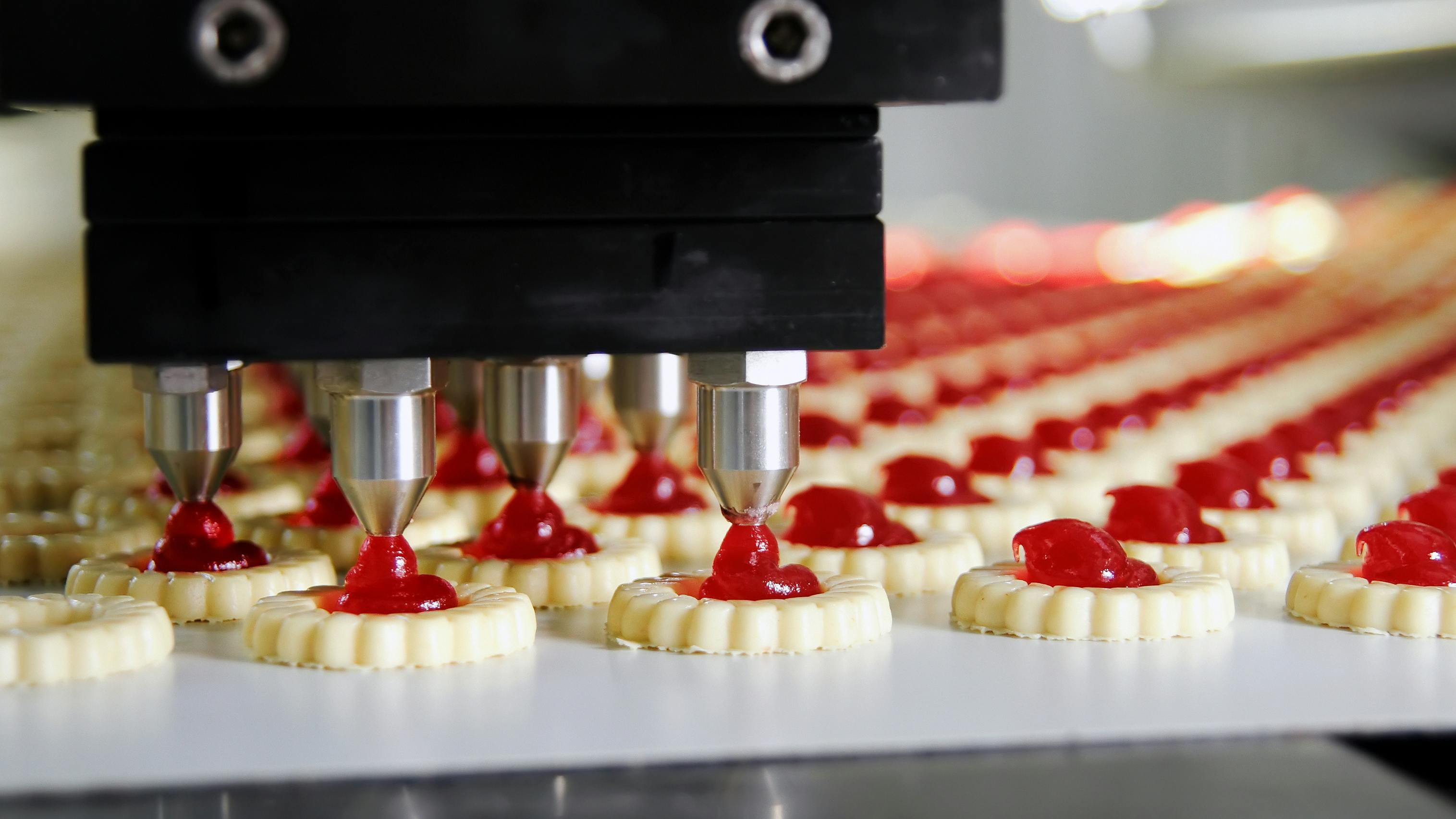 Jam cookies being produced in a factory on an assembly line.