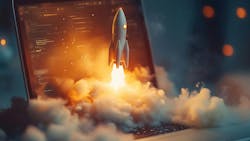 Rocket launching from laptop screen symbolizing innovation, growth, and technological breakthroughs. Rocket launching from laptop screen symbolizing innovation, growth, and technological breakthroughs.