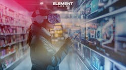 VR girl in supermarket looking at virtual data VR girl in supermarket looking at virtual data