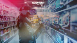 VR girl in supermarket looking at virtual data