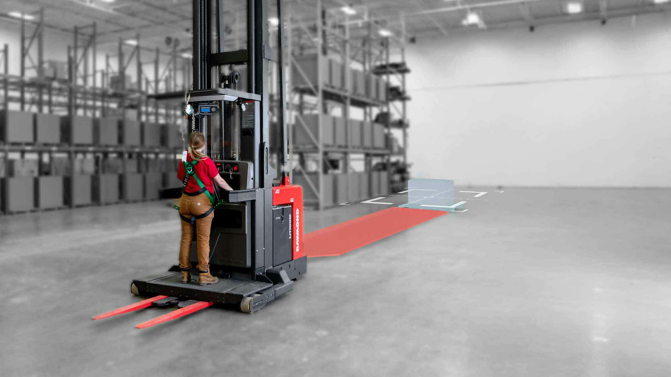 Girl lift truck operator riding on a Raymond order picker that's using iWAREHOUSE ObjectSense Detection & Notification System, sensing for objects in its path