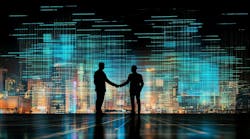 A handshake between two businessmen in a high-tech blue setting symbolizes their digital partnership, highlighting trust and cooperation in the technology field. AI generated A handshake between two businessmen in a high-tech blue setting symbolizes their digital partnership, highlighting trust and cooperation in the technology field. AI generated